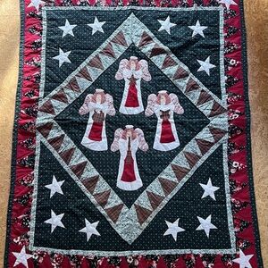 Handmade Angel Patterned Christmas Quilt with Stars 46 x 58